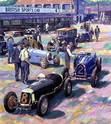 Brooklands Heyday (oil on canvas) by Clive Metcalfe - print
