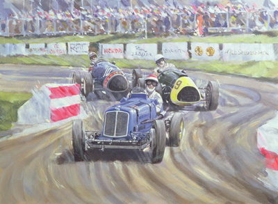 The First Race at the Goodwood Revival, 1998 (oil on canvas) by Clive Metcalfe - print