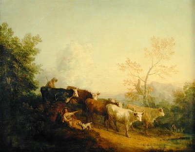 Fine Art Print of Herdsmen Driving Cattle towards a Post by Thomas Gainsborough