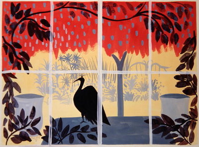 Paon sur la Table, 1985 (gouache on paper) by Marie Hugo - print