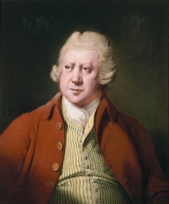 Fine Art Print of Portrait of Richard Arkwright, half length, in a red coat, white stock and yellow and green waistcoat by Joseph Wright of Derby