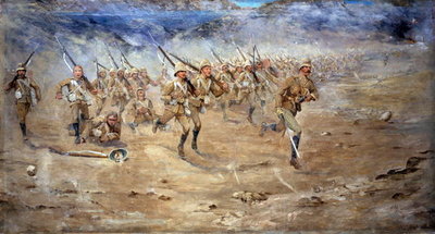 Fine Art Print of Return of the Fore and Aft, Gloucestershire Regiment advancing to the attack, India North West Frontier, 1897 by Edward Matthew Hale