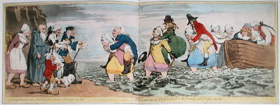 Fine Art Print of Le Debarquement du Chevalier John Bull et de sa famille a Boulogne sur Mer, or The Landing of Sir John Bull &amp; his Family at Bologne sur Mer, engraved by James Gillray by Henry William Bunbury
