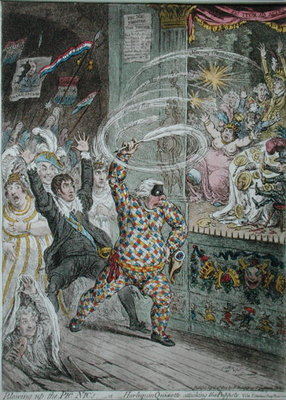Fine Art Print of Blowing up the Pic Nic's, or Harlequin Quixotte attacking the Puppets, published by Hannah Humphrey in 1802 by James Gillray