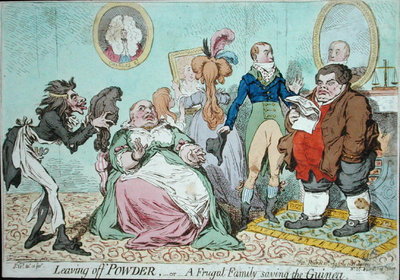 Fine Art Print of Leaving off Powder, or A Frugal Family saving the Guinea, published by Hannah Humphrey in 1795 by James Gillray
