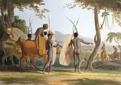 Fine Art Print of Kaffers on a March, plate 5 from 'African Scenery and Animals', engraved by the artist, 1804 by Samuel Daniell