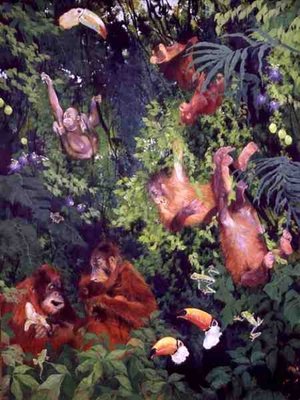 Orangutangs and Toucans, 1998 (inks, acrylics and pencil crayon on canvas) by Odile Kidd - print