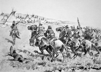 Fine Art Print of Texas Rangers attacking a Comanche village, 1896 by Frederic Remington