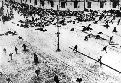 Fine Art Print of Demonstrators scatter in Petrograd under police fire, 1917 by Russian Photographer