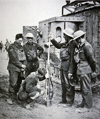 Fine Art Print of British tank crew inspect a German anti-tank rifle, which fired a cartridge five inches long by English Photographer