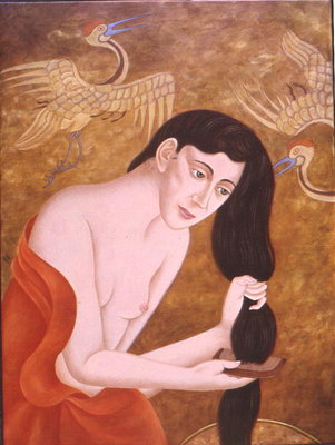 Woman combing her hair, 1999 (oil on canvas) by Patricia O'Brien - print