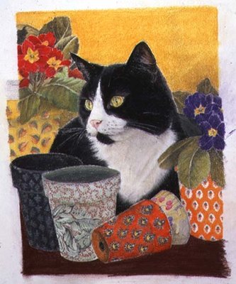 Bhajii and Flowerpots (pastel on paper) by Anne Robinson - print