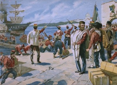 Fine Art Print of Expedition of the Thousand under the leadership of Giuseppe Garibaldi, landing at Marsala, Sicily, 1860, illustration from an album on the history of Risorgimento made for the chocolate Talmone, late 19th century by Italian School