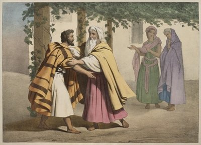 Fine Art Print of Jacob with Laban and his daughters, illustration from a catechism 'L'Histoire Sainte', published by Charles Delagrave, Paris, late 19th century by French School