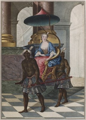 Fine Art Print of Marchioness being carried in a sedan chair by two black servants by French School