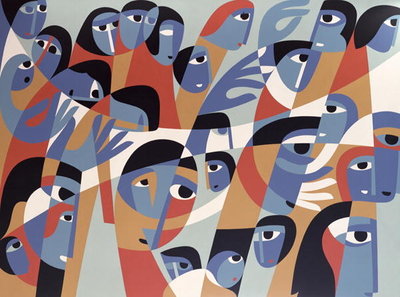 Publishers of Truth, 1988 (acrylic on board) by Ron Waddams - print