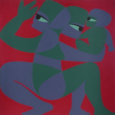 Nuclear Family, 1975 (acrylic on board) by Ron Waddams - print