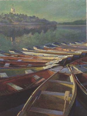 Evening Boats, China (oil on canvas) by Robert Tyndall - print