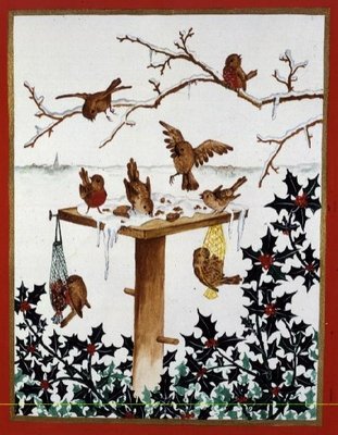 Robins and Sparrows at the Bird Table by Jeanne Maze - print