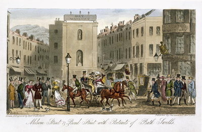 Fine Art Print of Milsom Street &amp; Bond Street with Portraits of Bath Swells, from 'The English Spy', by Charles Molloy Westmacott by Isaac Robert Cruikshank