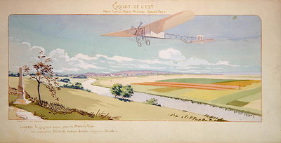 Fine Art Print of Comte Charles de Lambert in a Bleriot Monoplane flies the West Circuit, published by Mabileau, Paris, 1910 by Marguerite Montaut