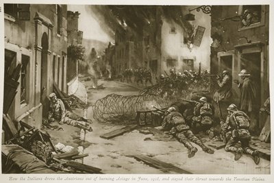 Fine Art Print of How the Italians drove the Austrians out of burning Asiago in June, 1916, and stayed their thrust towards the Venetian Plains by English School