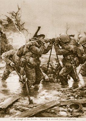 Fine Art Print of In the Slough of the Somme: Rescuing a comrade from a shell-hole by English School