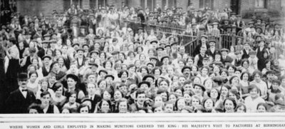 Fine Art Print of Where women and girls employed in making Munitions cheered the King: His Majesty's visit to factories at Birmingham, from 'The Illustrated War News', 1915 by English Photographer