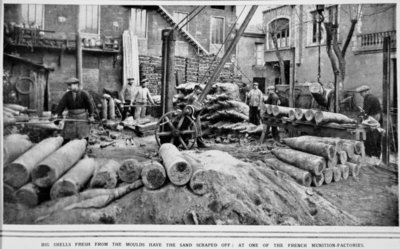 Fine Art Print of Big Shells fresh from the moulds have the sand scraped off: at one of the French munition-factories, from 'The Illustrated War News' by French Photographer