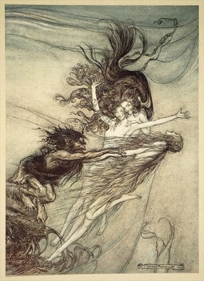 Fine Art Print of The Rhinemaidens teasing Alberich, illustration from 'The Rhinegold and the Valkyrie', 1910 by Arthur Rackham