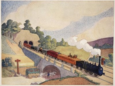 Fine Art Print of The first Paris to Rouen railway, copy of an 1837 stamp, by M. Charles Sanlaville by French School