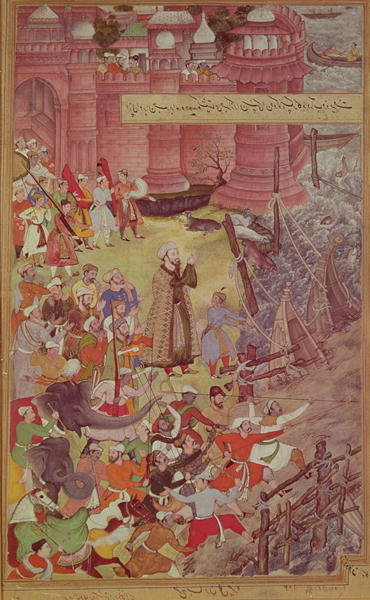 Fine Art Print of A Bridge of boats broken by Akbar by Mughal School