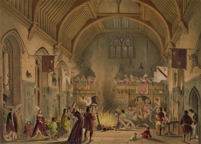 Fine Art Print of Banquet in the baronial hall, Penshurst Place, Kent, from 'Architecture in the Middle Ages', 1838 by Joseph Nash