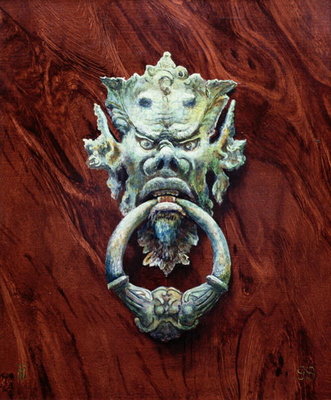 One Pair of Tuscan Knockers (Devil) 1998 (oil on board) by Trevor Neal - print