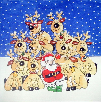 Santa and the Team, 2005 (w/c on paper) by Tony Todd - print