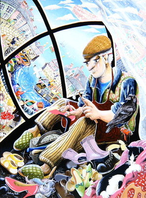 Jack Black cobbles and fantasises about his customers shapely feet, 2007 (acrylic on panel) by Tony Todd - print