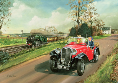 Racing the Train, 1995 (w/c &amp; gouache on board) by Richard Wheatland - print