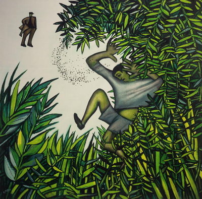 Boy Attacked by Swarm of Insects, 1995 (oil on board) by Willie Rodger - print