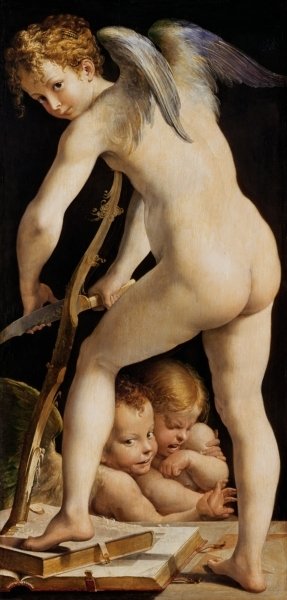 Cupid Carving a Bow, 1533/34 (oil on canvas) by Parmigianino - print