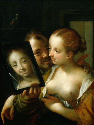 Laughing Couple with a mirror, 1596 by Johann or Hans von Aachen - print