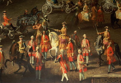 A Cavalcade in the Winter Riding School of the Vienna Hof to celebrate the defeat of the French army at Prague, 1743 (detail, showing Maria Theresa, Empress of Austria, mounted on a grey horse) (detail of 67400, see also 66708) by Martin II Mytens or Meytens - print