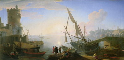 Seaport with sunset by Adrien Manglard - print