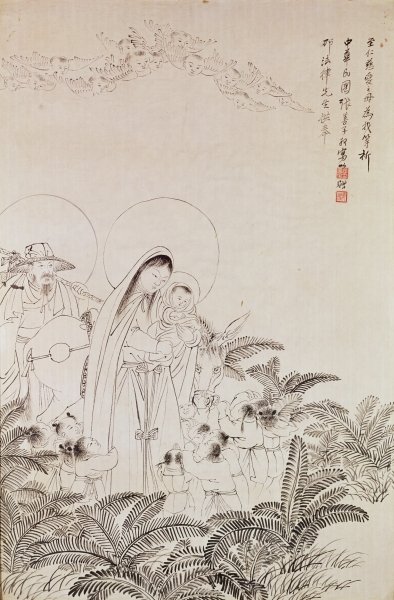 Madonna and Child (pen &amp; ink on paper) by Chinese School - print