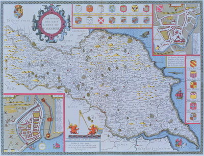 The North and East Ridings of Yorkshire, engraved by Jodocus Hondius (1563-1612) from John Speed's 'Theatre of the Empire of Great Britain', pub. by John Sudbury and George Humble, 1611-12 (hand coloured copper engraving) by John Speed - print