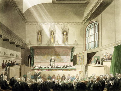 Court of King's Bench, Westminster Hall, from 'The Microcosm of London', engraved by J. Black (fl.1791-1831), pub. by R. Ackermann (1764-1834) 1808 (coloured aquatint) by T. Rowlandson - print