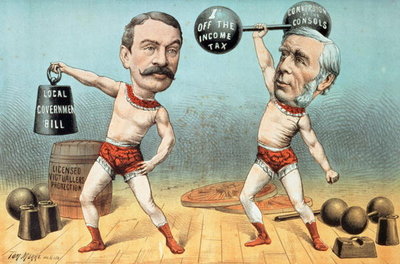 Fine Art Print of Goschen and Ritchie, the Champion Weight Lifters, Now Appearing with Terrific Success at the Westminster Beer Garden, from 'St. Stephen's Review Presentation Cartoon', 14 April 1888 by Tom Merry