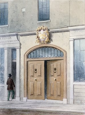 The Entrance to Coachmakers Hall, 1854 (w/c on paper) by Thomas Hosmer Shepherd - print