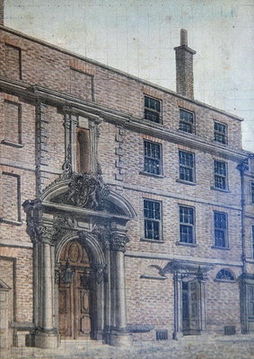 The Old Entrance to Merchant Taylors' Hall, Threadneedle Street, 1753 (pen &amp; ink and w/c on paper) by Wilson - print