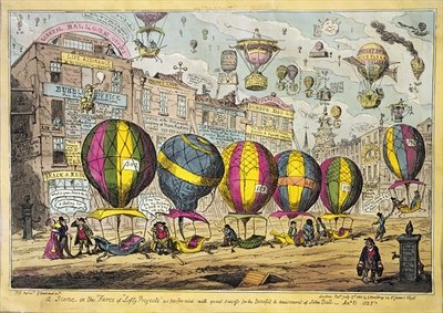 Scene in the Farce 'Lofty Prospects' as performed with great success for the Benefit and amusement of John Bull, 1825 (colour etching) by George Cruikshank - print