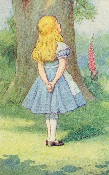 Alice and the Cheshire Cat, illustration from 'Alice in Wonderland' by Lewis Carroll (1832-9) (colour litho) (detail of 264483) by John Tenniel - print